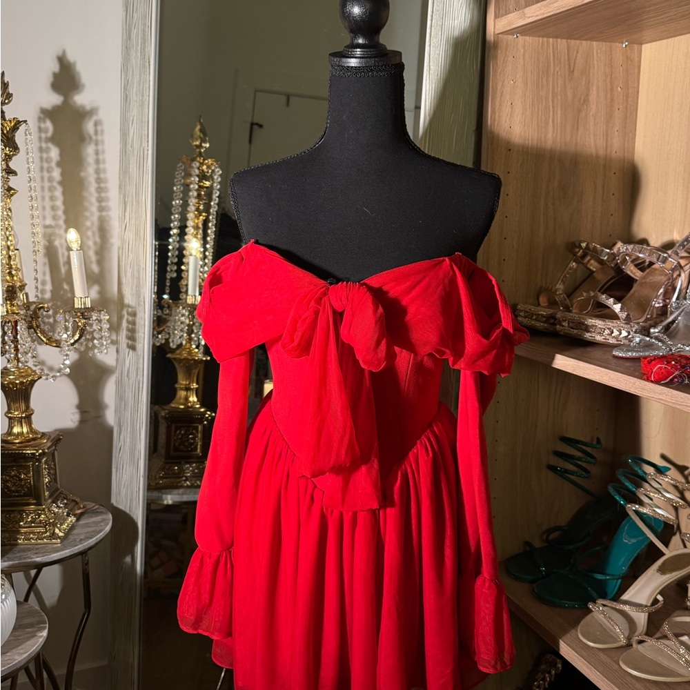 House of CB Alana Dress - Elegant Red Off-Shoulder Dress